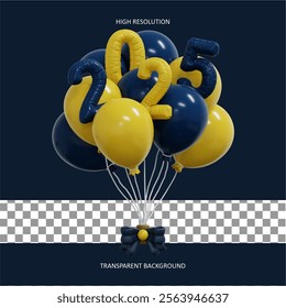 New year 2025 3d balloons set isolated on transparent background. 3d realistic blue and yellow festive 3d helium balloons template for celebrate and birthday party design