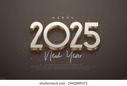 New Year 2025 with 3D Elegant. Shiny luxury gold in a black background. Premium vector design for greetings and celebration of Happy New Year 2025.