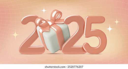 Silvester 2025 3D-Metallic-Zahlen mit Geschenkbox auf y2k Pfirsich Fuzz Hintergrund mit Sternen. Dreidimensionale realistische Stil Vektor Urlaub Banner Design.