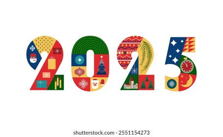  New Year 2025 abstract geometrical design, holiday gifts, winter elements, candles, Christmas tree, village and Xmas decorations. Colorful vector illustration in flat geometric cartoon style, bauhaus
