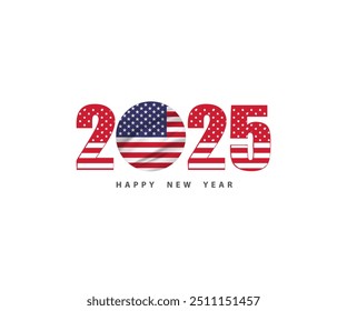 The new year 2025 with the American flag and symbol, 2025 Happy New Year USA logo text design, can use the calendar, Wish card, Poster, Banner, Print and Digital media, etc. Vector illustration