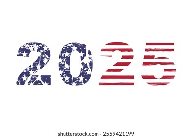The new year 2025 with the American flag, grunge vintage number 2025 isolated on white background, vector illustration.