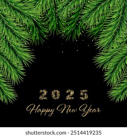 New Year 2025 background. Gold dots glitter on a black background, holiday design with green fir branches