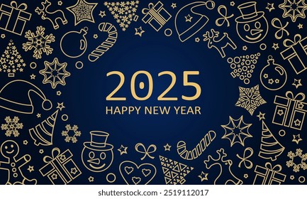 Antecedentes del Nuevo año 2025. Tarjeta de oro de celebración. Decoración de Festiva en azul oscuro bg. Papá Noel, estrella, ciervo, muñeco de nieve, árbol de Navidad, copo de nieve, sombrero, corazón, bola, bastón de caramelo, caja de regalo. Ilustración vectorial