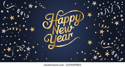 NEW YEAR 2025 BANNER IN CONFETTI BACKGROUND