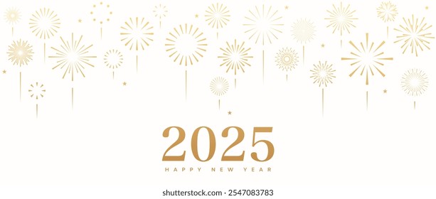 Banner Ano Novo 2025, fundo de fogos de artifício dourados