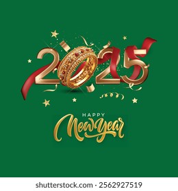 New Year 2025 banner on Green background. Vector illustration.