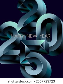 New year 2025. Big metallic numbers with congratulatory text. Minimalistic greeting card design.