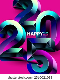 New year 2025. Big metallic numbers with congratulatory text. Minimalistic greeting card design.