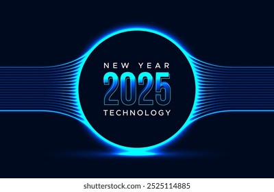 Ano novo 2025 azul tecnologia tema fundo ou banner azul digital tema neon efeito 2025 banner design Inteligência artificial ou tema cibernético brilhante vetor gráfico design