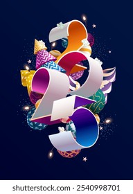 New year 2025. Bright 3D numbers with colorful Christmas decoration. Greeting card design.