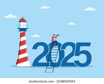 Perspectiva de negócio do ano novo 2025, planejamento ou estratégia para o sucesso, visão ou previsão, antecipação de início de ano, conceito de melhoria ou progresso, empresário no ano número 2025 olhar através do telesco