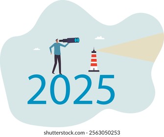 New year 2025 business outlook, planning or strategy to success, vision or forecast, year begin anticipation, improvement or progress .business concept.flat character.