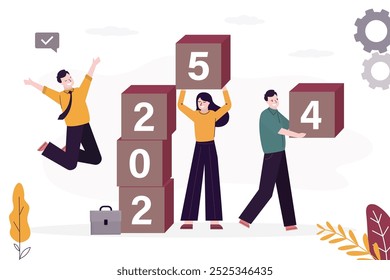 New Year 2025. Business people hold blocks with numbers. Team changes number of year in cubes stack. Forecast, hope for better next year. Company development strategy, company budget planning. vector