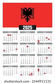 Calendario del Nuevo año 2025 con la bandera de Albania y los días festivos para imprimir