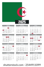 Calendario del Nuevo año 2025 con bandera de Argelia y días festivos para imprimir