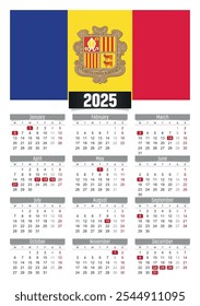 New year 2025 calendar with Andorra flag and public holidays for print