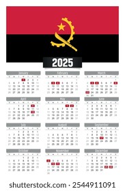 New year 2025 calendar with Angola flag and public holidays for print