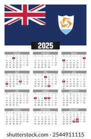 Calendario del Nuevo año 2025 con bandera de Anguila y días festivos para imprimir