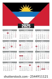 New year 2025 calendar with Antigua and Barbuda flag and public holidays for print