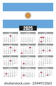 Calendario del Nuevo año 2025 con bandera de Argentina y días festivos para imprimir