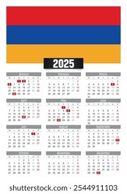 Calendario del Nuevo año 2025 con bandera de Armenia y días festivos para imprimir