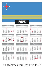 Calendario del Nuevo año 2025 con la bandera de Aruba y días festivos para imprimir