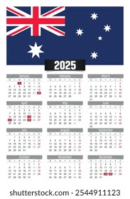 Calendario del Nuevo año 2025 con la bandera de Australia y los días festivos para imprimir