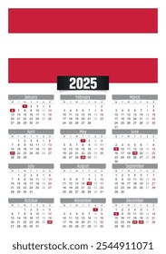 Calendario del Nuevo año 2025 con bandera de Austria y días festivos para imprimir