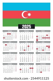 Calendario del Nuevo año 2025 con la bandera de Azerbaiyán y los días festivos para imprimir