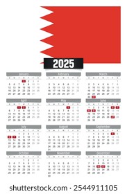 Calendario del Nuevo año 2025 con bandera de Bahréin y días festivos para imprimir