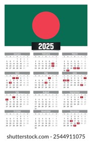 New year 2025 calendar with Bangladesh flag and public holidays for print