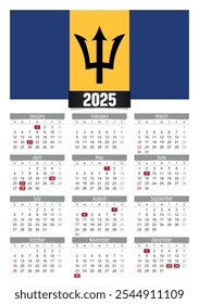 Calendario del Nuevo año 2025 con la bandera de Barbados y los días festivos para imprimir