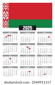 New year 2025 calendar with Belarus flag and public holidays for print