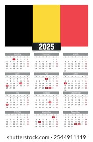 Calendario del Nuevo año 2025 con bandera de Bélgica y días festivos para imprimir