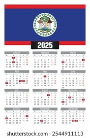 Calendario del Nuevo año 2025 con la bandera de Belice y días festivos para imprimir