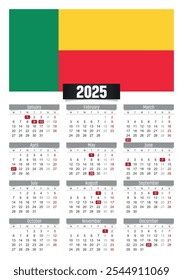 Calendario del Nuevo año 2025 con bandera de Benín y días festivos para imprimir