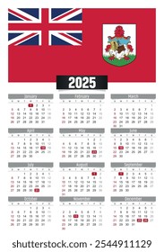 Calendario del Nuevo año 2025 con la bandera de las Bermudas y los días festivos para imprimir