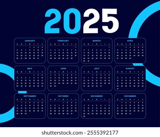 new year 2025 calendar blue template week starts sunday vector