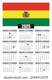 New year 2025 calendar with Bolivia flag and public holidays for print