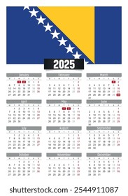 Calendario del Nuevo año 2025 con bandera de Bosnia Herzegovina y días festivos para imprimir