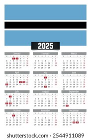 Calendario del Nuevo año 2025 con la bandera de Botsuana y los días festivos para imprimir