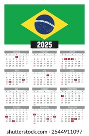 Calendario del Nuevo año 2025 con bandera de Brasil y días festivos para imprimir