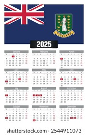 New year 2025 calendar with British Virgin Islands flag and public holidays for print