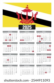 New year 2025 calendar with Brunei flag and public holidays for print