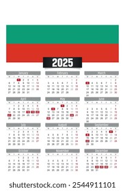 Calendario del Nuevo año 2025 con bandera de Bulgaria y días festivos para imprimir