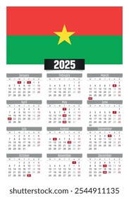 Calendario del Nuevo año 2025 con bandera de Burkina Faso y días festivos para imprimir