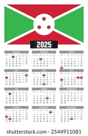 Calendario del Nuevo año 2025 con la bandera de Burundi y los días festivos para imprimir