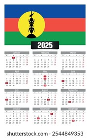 New year 2025 calendar with New Caledonia flag and public holidays for print