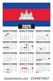 Calendario del Nuevo año 2025 con la bandera de Camboya y los días festivos para imprimir